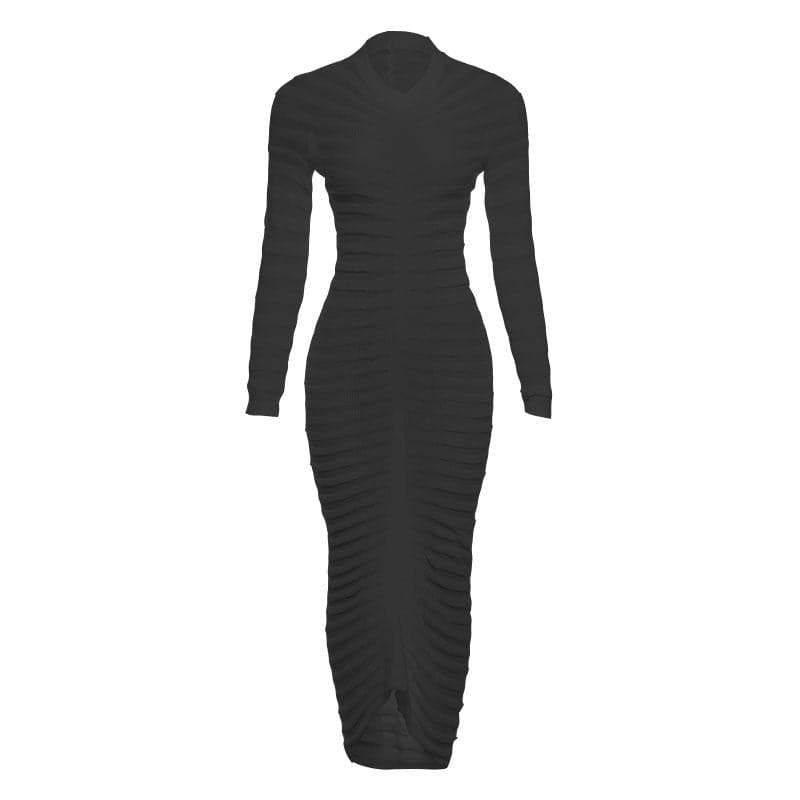 Textured long sleeve solid see through ruched maxi dress