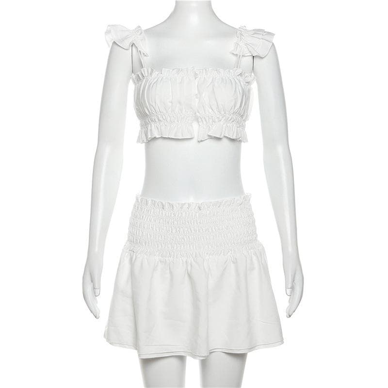 Smocked ruched cap sleeve solid ruffle mini skirt set