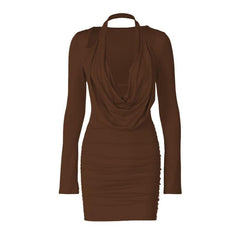 Long sleeve cowl neck halter solid mini dress