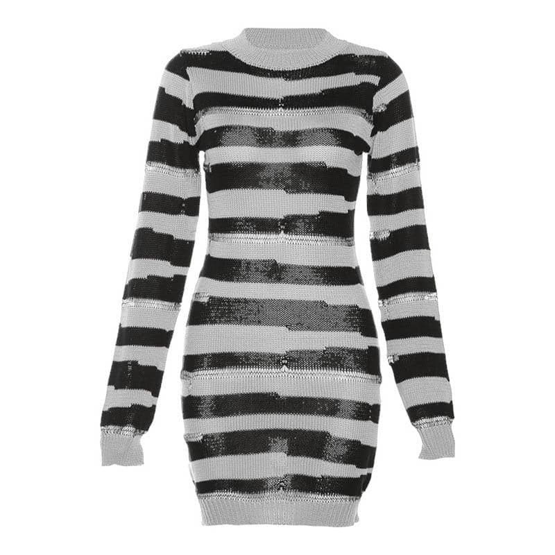 Crochet striped contrast long sleeve crewneck mini dress