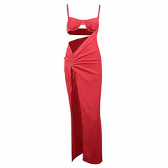 Hollow out slit ruched drawstring backless irregular maxi dress - Final Sale