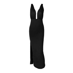 Ruched backless slit ribbon v neck knotted solid maxi dress