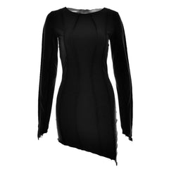 Long sleeve round neck irregular stitch mini dress