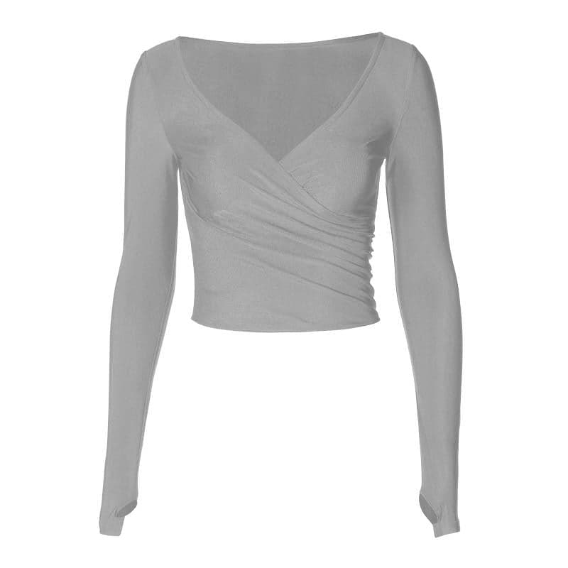 Ruched long sleeve gloves v neck solid crop top