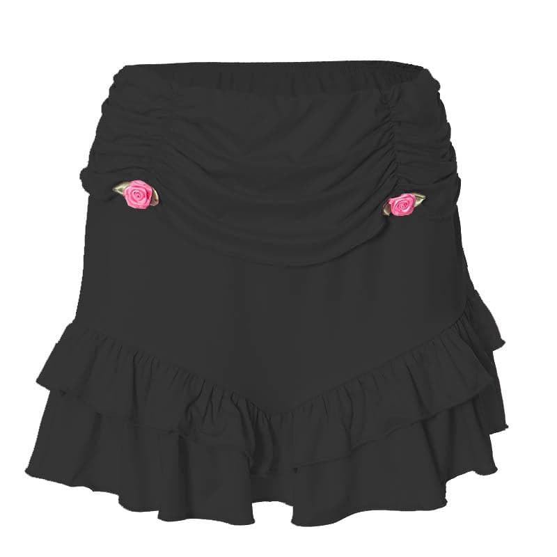 Long sleeve self tie ruched flower applique ruffle solid mini skirt set