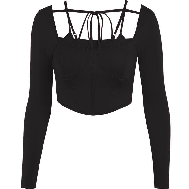 Einfarbiges, langärmliges, rückenfreies Bustier-Crop-Top zum Selbstbinden 