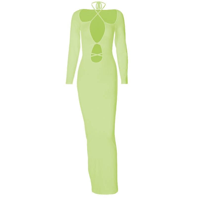 Hollow out self tie solid long sleeve cross front maxi dress