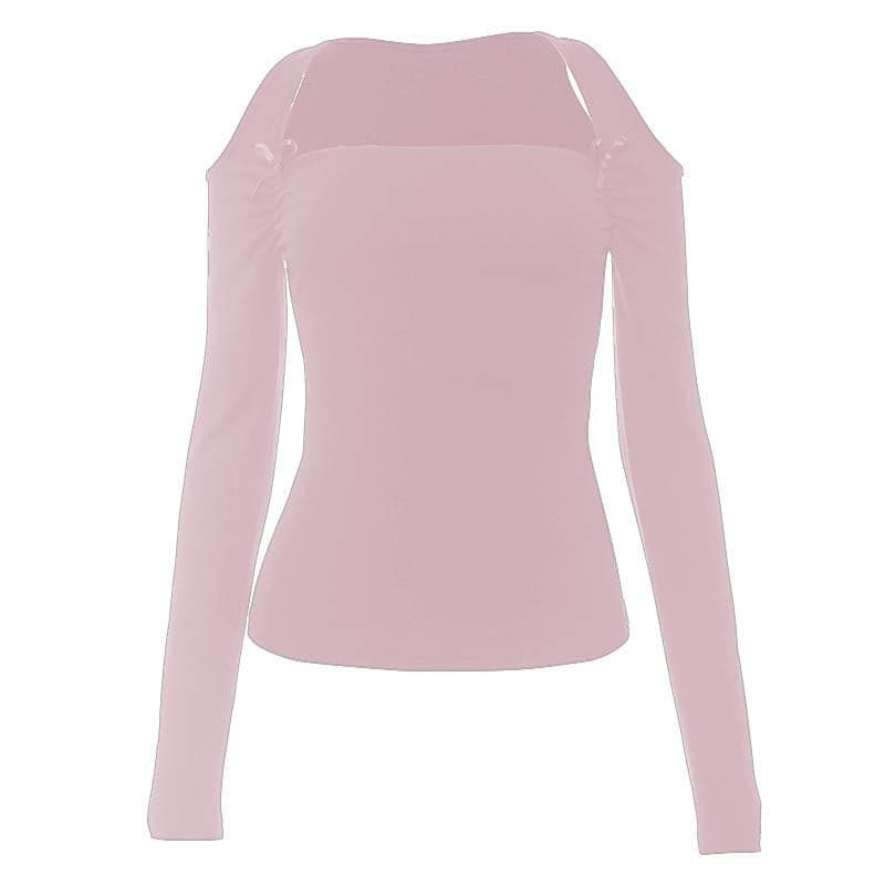 Ruched bowknot hollow out long sleeve solid top