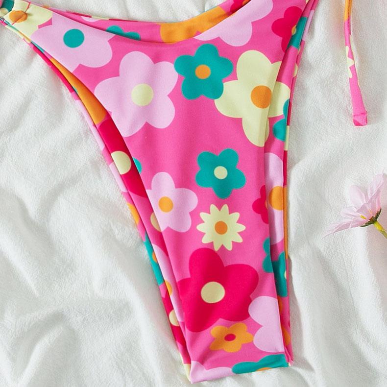 Flower pattern self tie o ring tube bikini swimwear