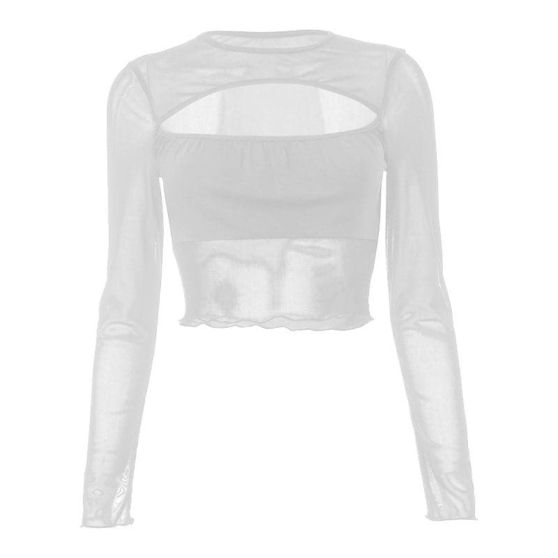 Crop Top aus einfarbigem Mesh mit ausgehöhlten Patchwork-Rüschen und langen Ärmeln - Schlussverkauf 