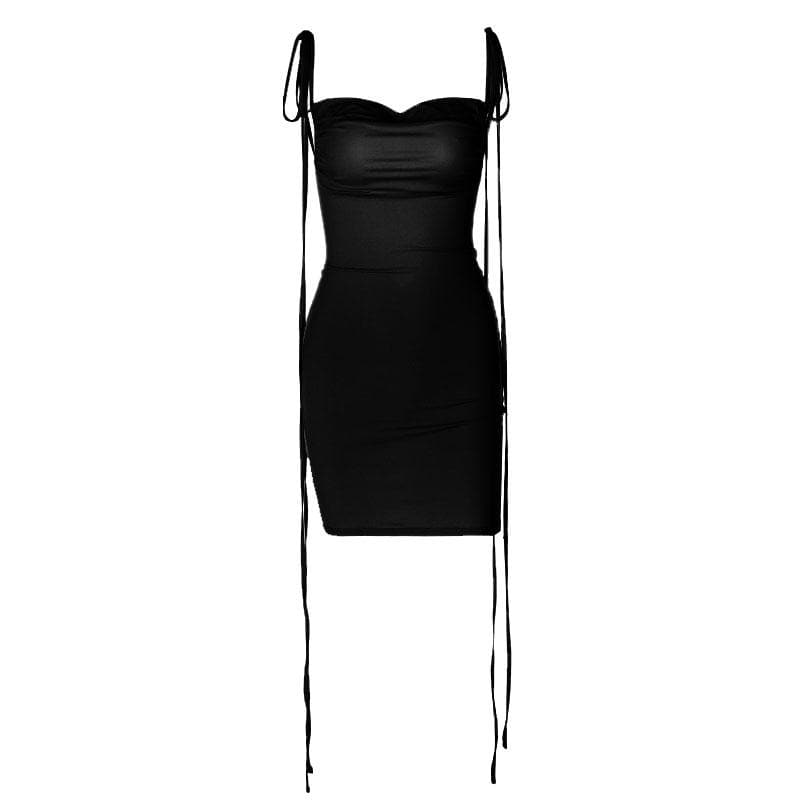 Ruched backless cowl neck solid self tie mini dress