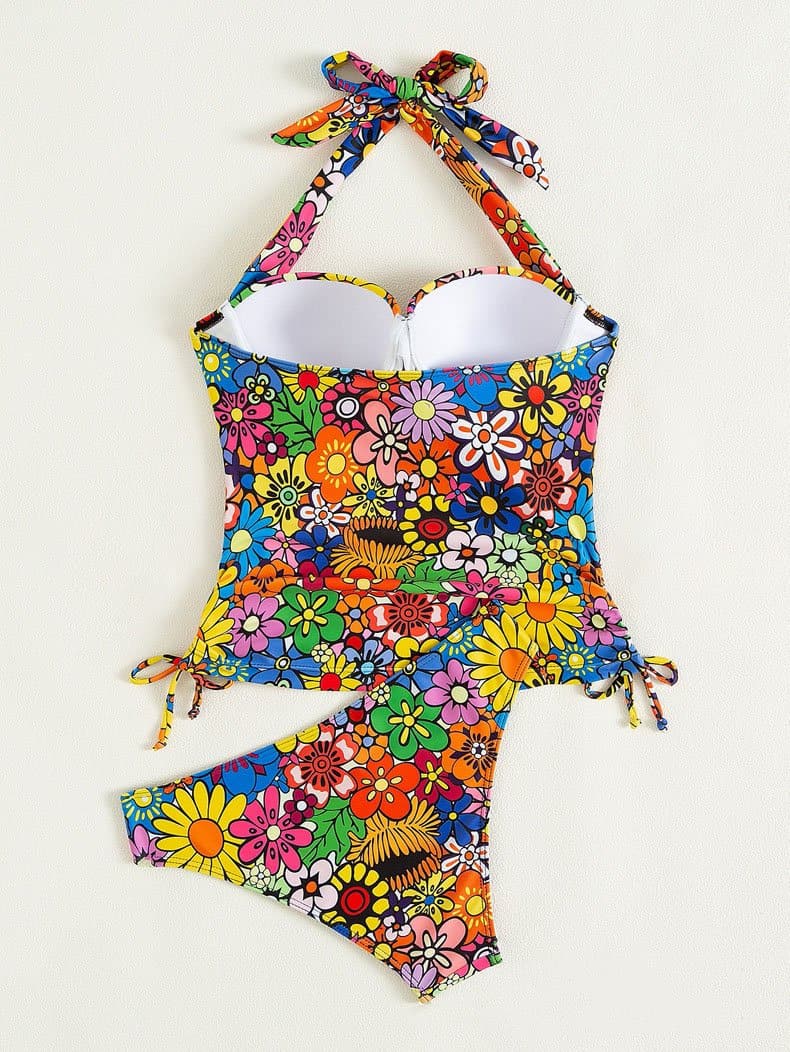 Traje de baño bikini con cuello halter, relleno y lazo anudado con estampado floral en contraste