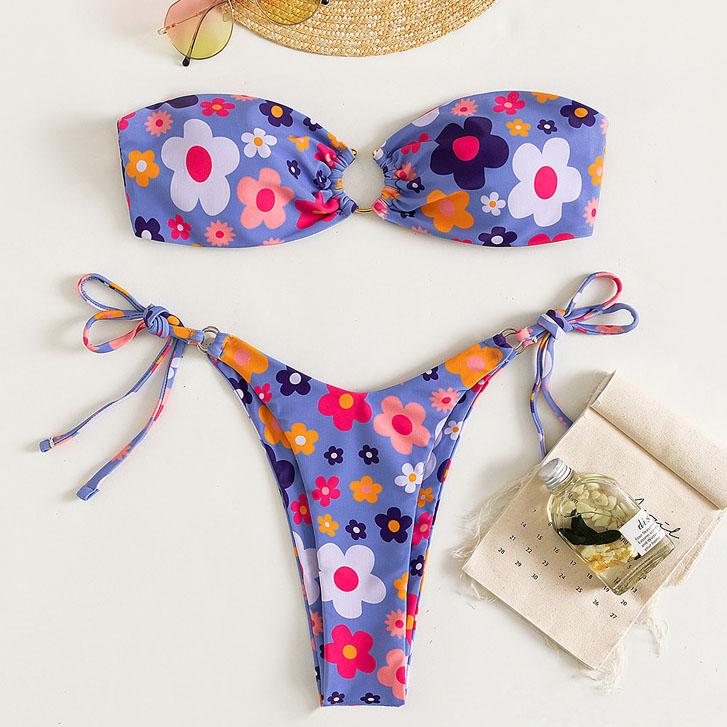 Flower pattern self tie o ring tube bikini swimwear