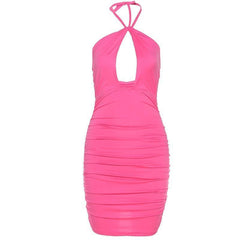 Hollow out ruched halter tie back bodycon dress