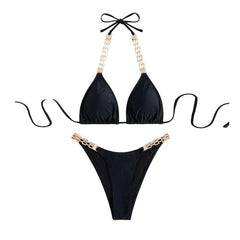 Metal chain halter solid self tie backless bikini swimwear