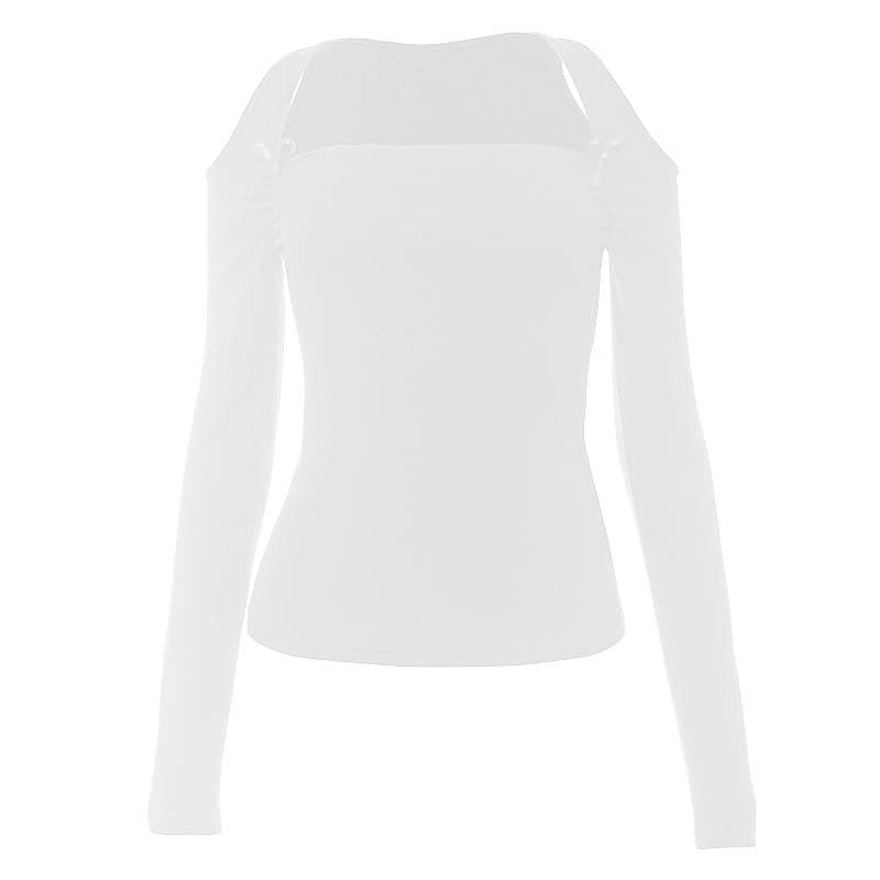 Ruched bowknot hollow out long sleeve solid top