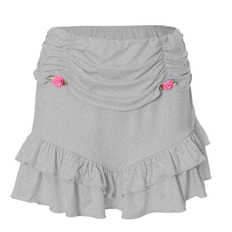 Long sleeve self tie ruched flower applique ruffle solid mini skirt set