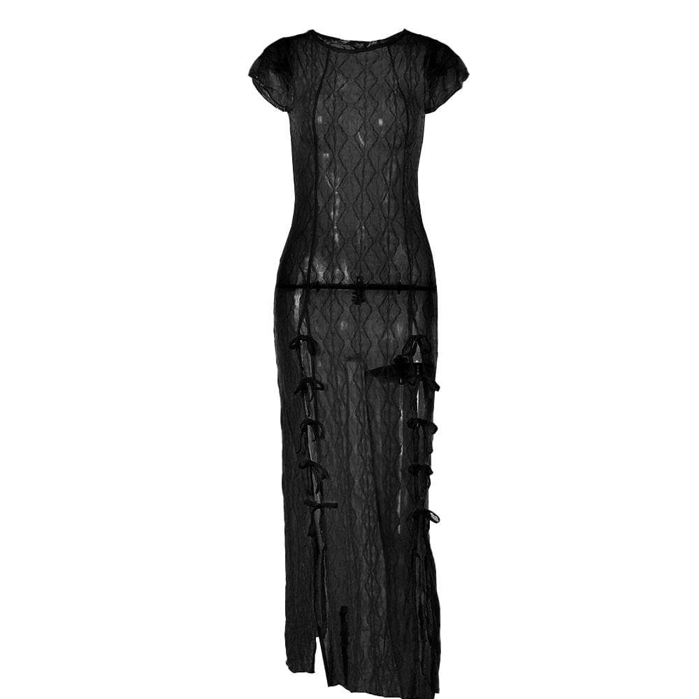 Textured slit self tie solid see through ruffle short sleeve midi dress