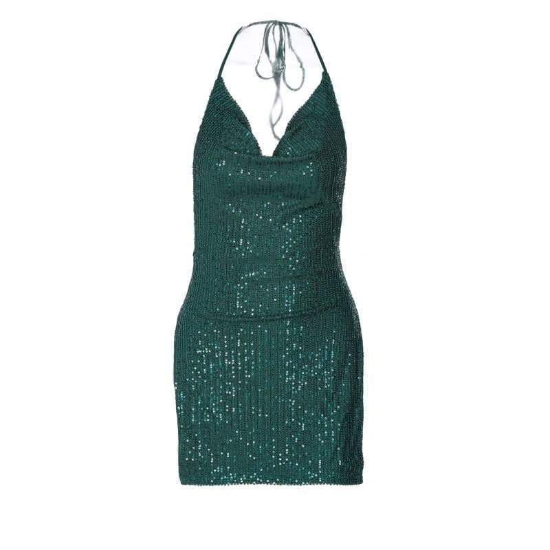 Glitzerndes rückenfreies Minikleid mit Wasserfallausschnitt, Neckholder und Schlitz