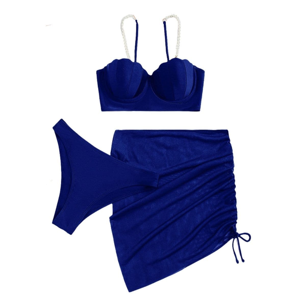 Mesh drawstring padded backless pearl 3 piece swimwear