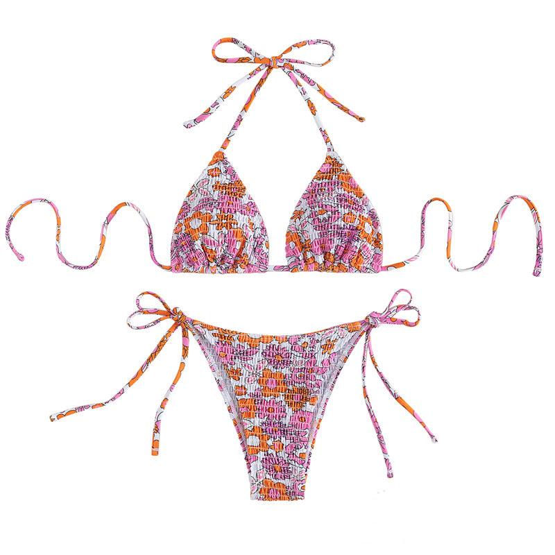 Geraffter Neckholder-Bikini mit kontrastierendem Blumenmuster zum Selbstbinden