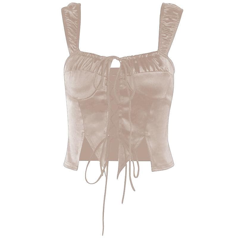 Drawstring ruched solid lace up square neck crop top