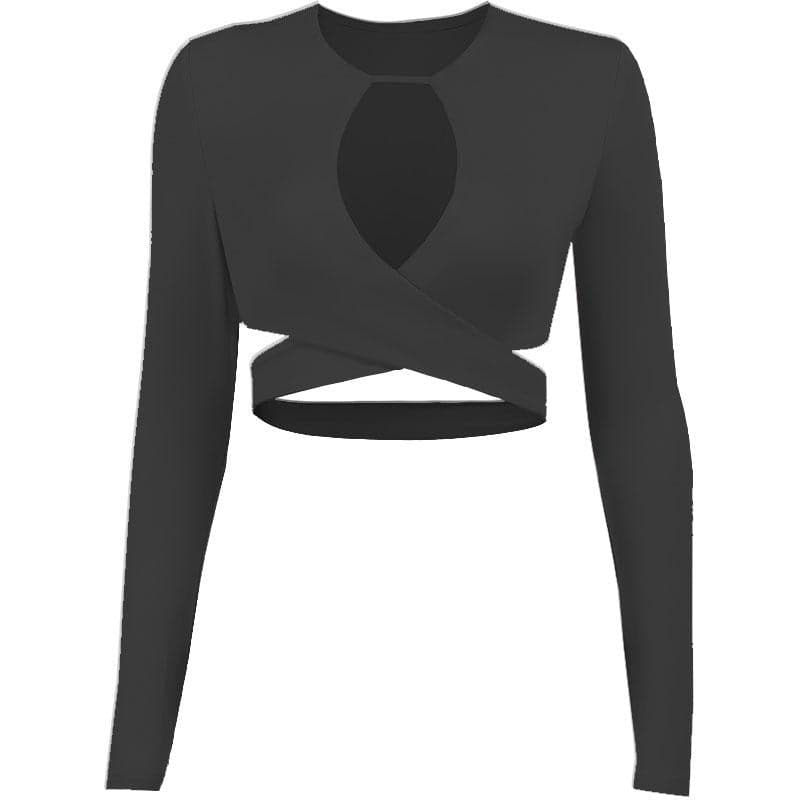 Hollow out solid cross front low cut long sleeve crop top