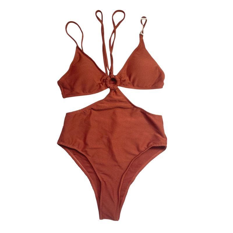 Hollow out solid o ring padded one piece swimwear