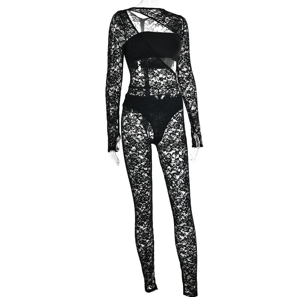 Einfarbiges Jumpsuit-Set aus Spitze mit langen Ärmeln, ausgehöhlten Schlauchhandschuhen und Reißverschluss 