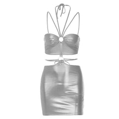 Metallic o ring halter self tie backless hollow out mini dress