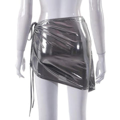 Drawstring metallic self tie irregular low rise mini skirt