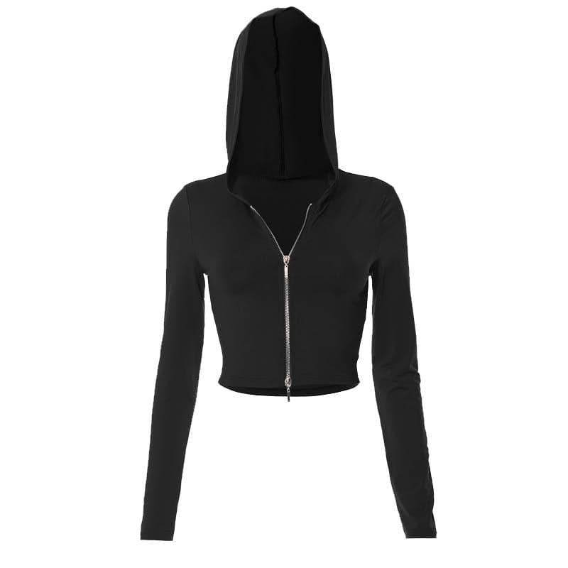 Hoodie zip-up solid long sleeve crop top