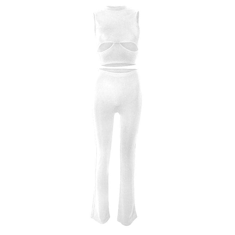 Hollow out sleeveless crewneck solid flared pant set