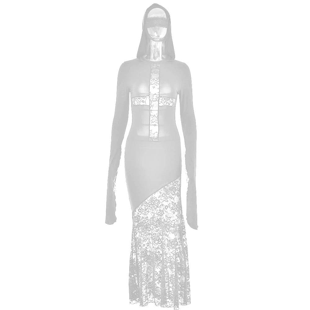 Lace cross patchwork hoodie long flared sleeve irregular maxi dress | victorian gothic dresses