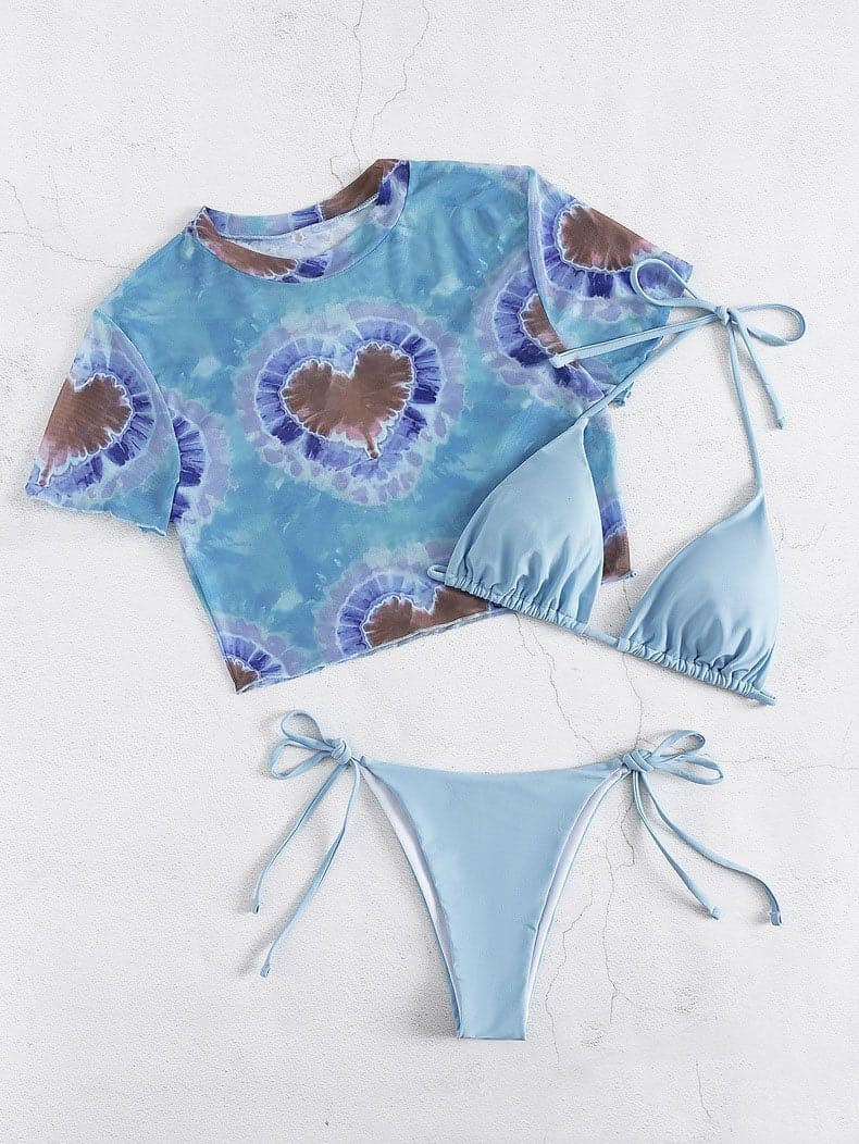 Mesh round neck tie dye self tie solid 3 piece swimwear