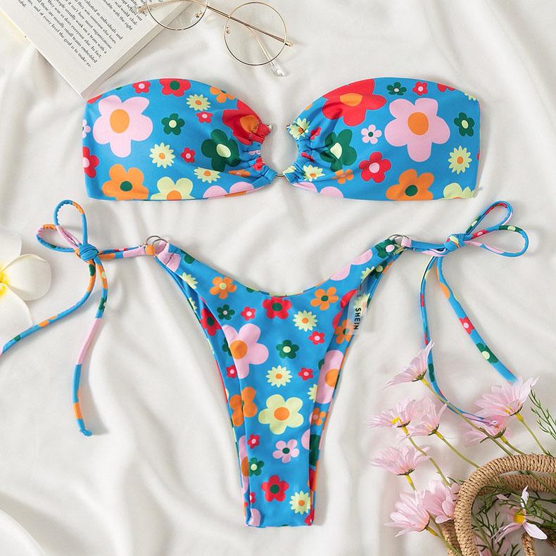 Bikini-Bademode mit Blumenmuster und O-Ring zum Selbstbinden