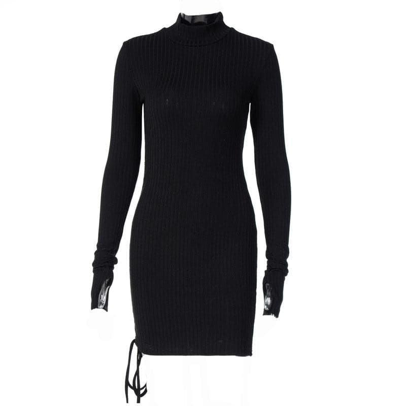 Long sleeve gloves solid drawstring high neck mini dress