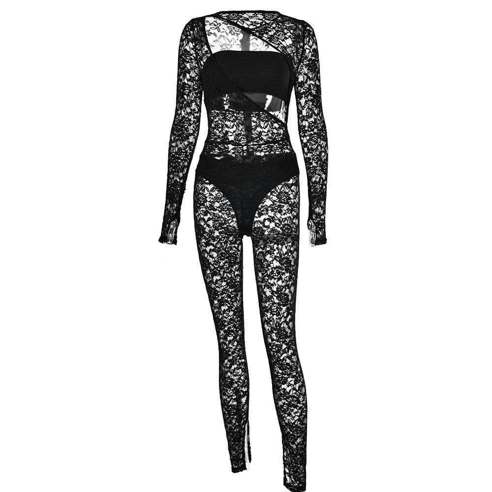 Einfarbiges Jumpsuit-Set aus Spitze mit langen Ärmeln, ausgehöhlten Schlauchhandschuhen und Reißverschluss 