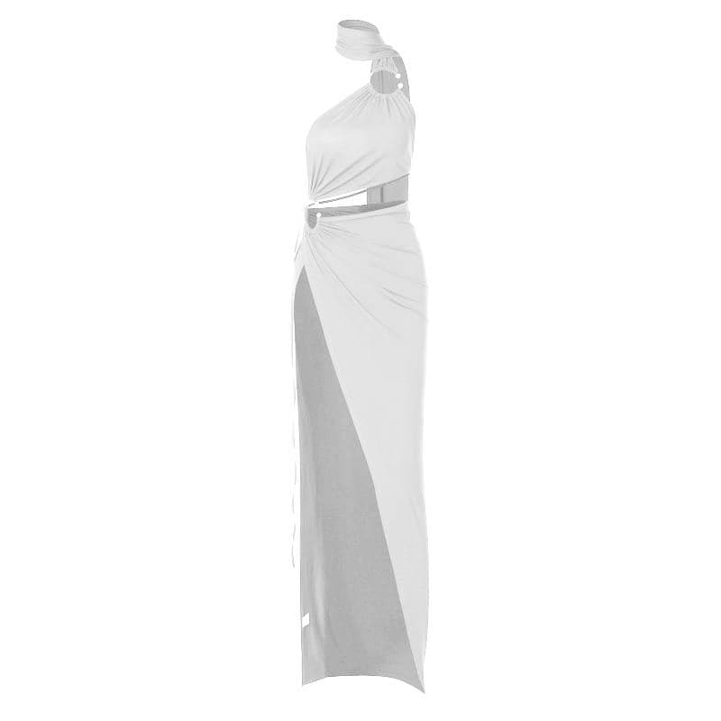 Halter o ring irregular solid backless ruched slit maxi dress