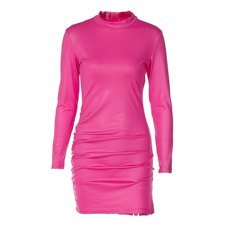 Ruched solid long sleeve high neck mini dress