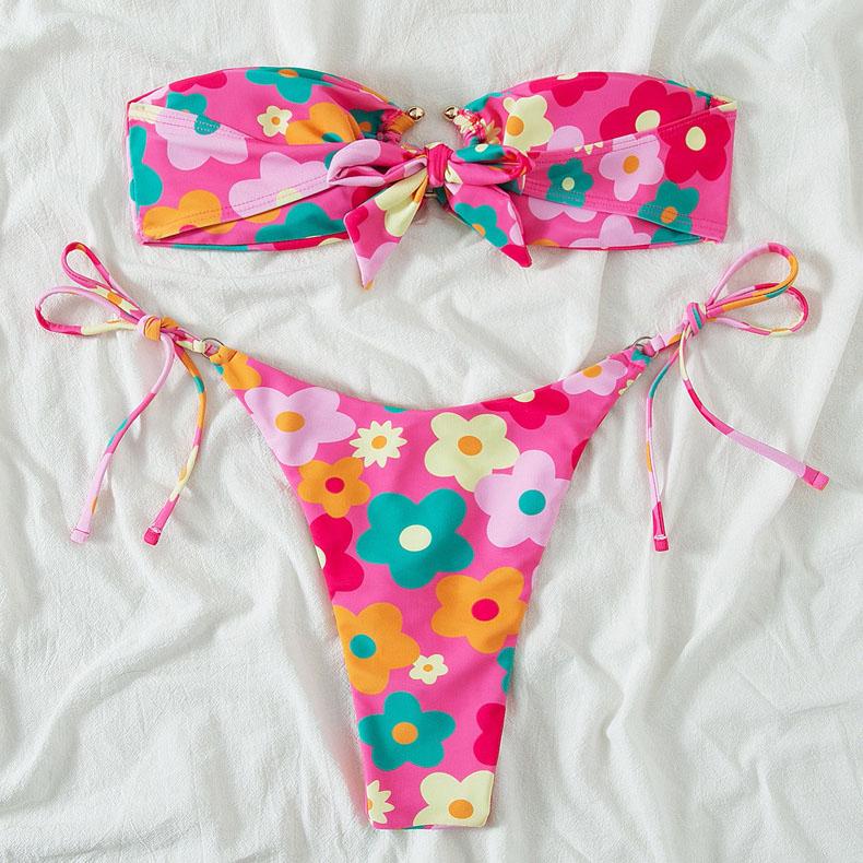 Bikini-Bademode mit Blumenmuster und O-Ring zum Selbstbinden