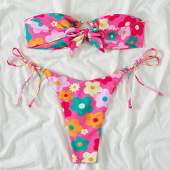 Flower pattern self tie o ring tube bikini swimwear