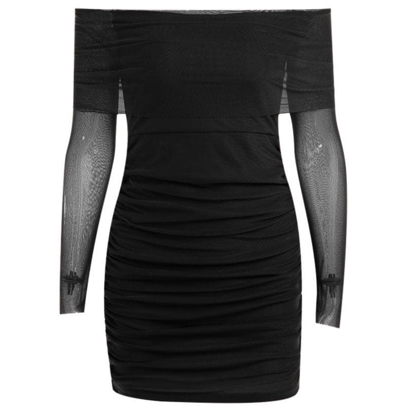 Mesh off shoulder solid long sleeve ruched mini dress