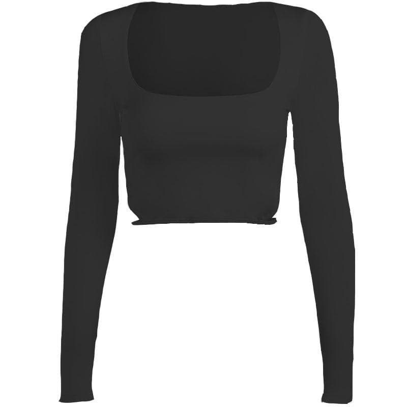 Hollow out solid long sleeve square neck crop top