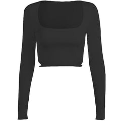 Hollow out solid long sleeve square neck crop top