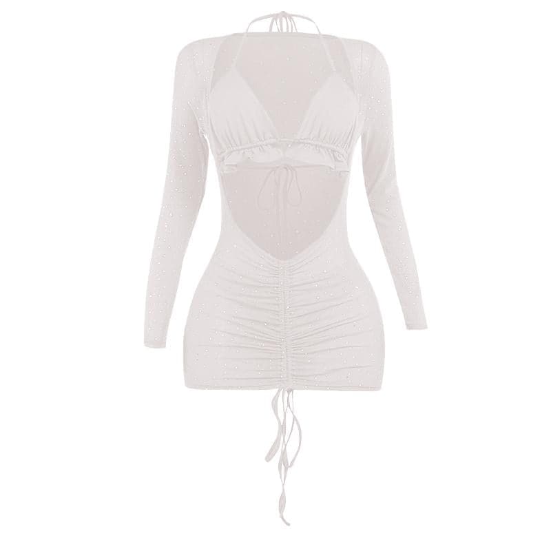 Mesh drawstring ruched long sleeve halter ruffle mini dress