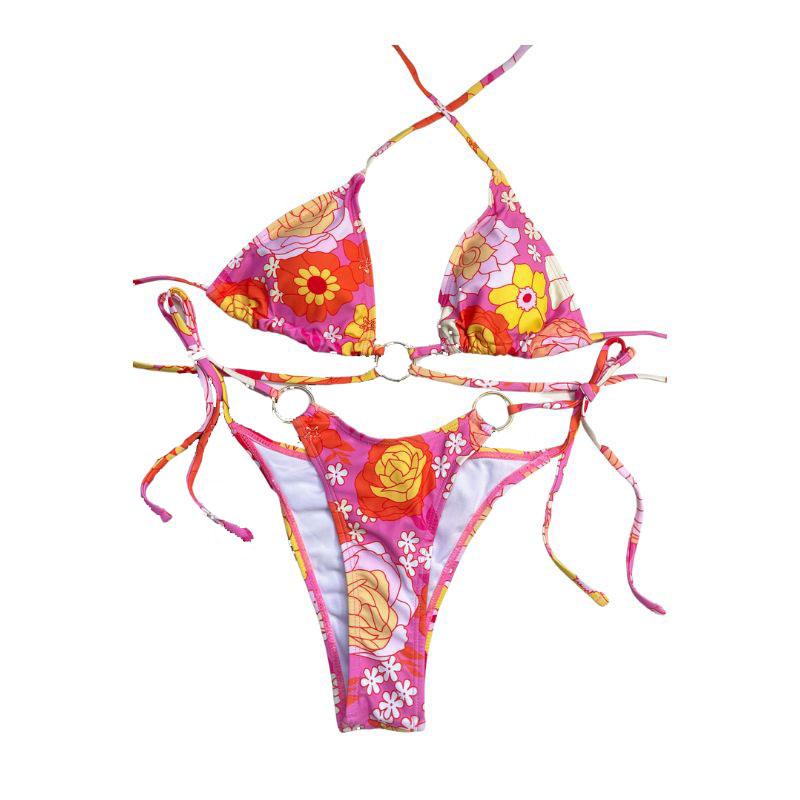 Gepolsterter Bikini mit Blumenmuster und kontrastierendem O-Ring zum Selbstbinden