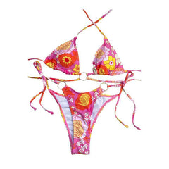 Gepolsterter Bikini mit Blumenmuster und kontrastierendem O-Ring zum Selbstbinden