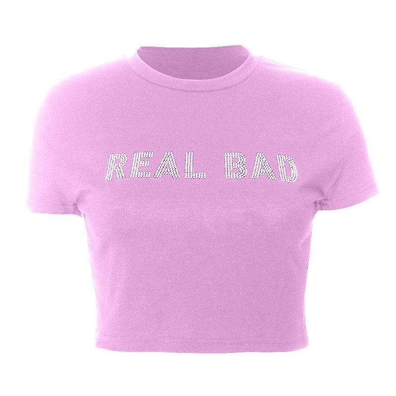 Kurzärmliges Crop-Top „REAL BAD“ mit Perlenbesatz und Rundhalsausschnitt