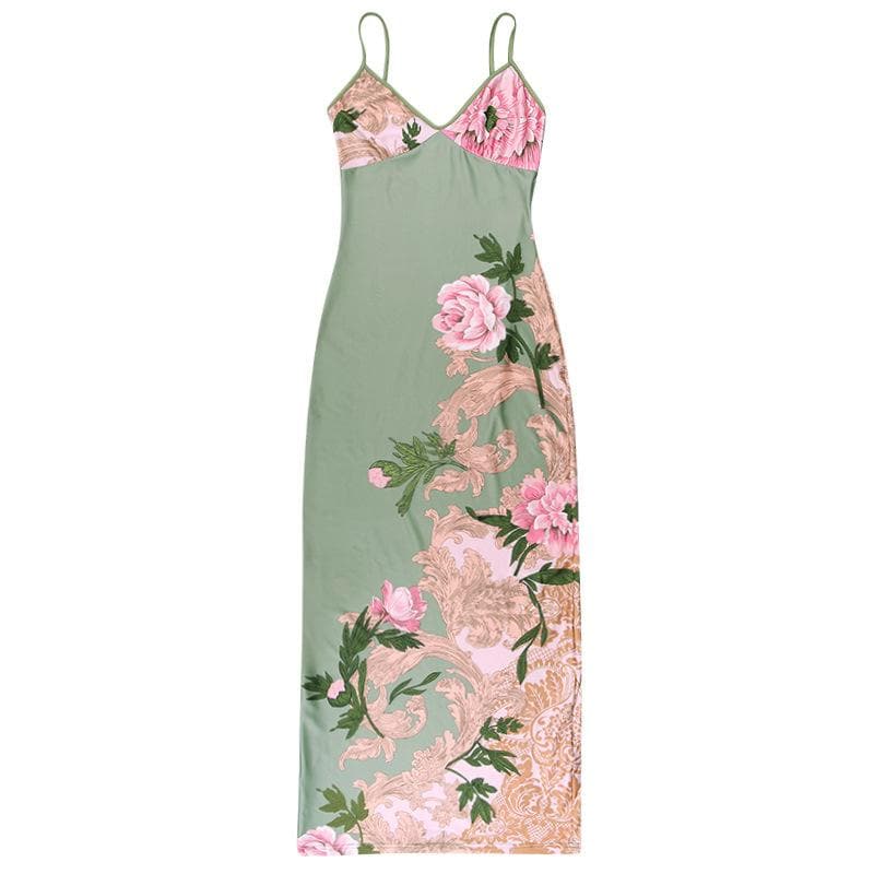 Flower print contrast v neck backless cami maxi dress